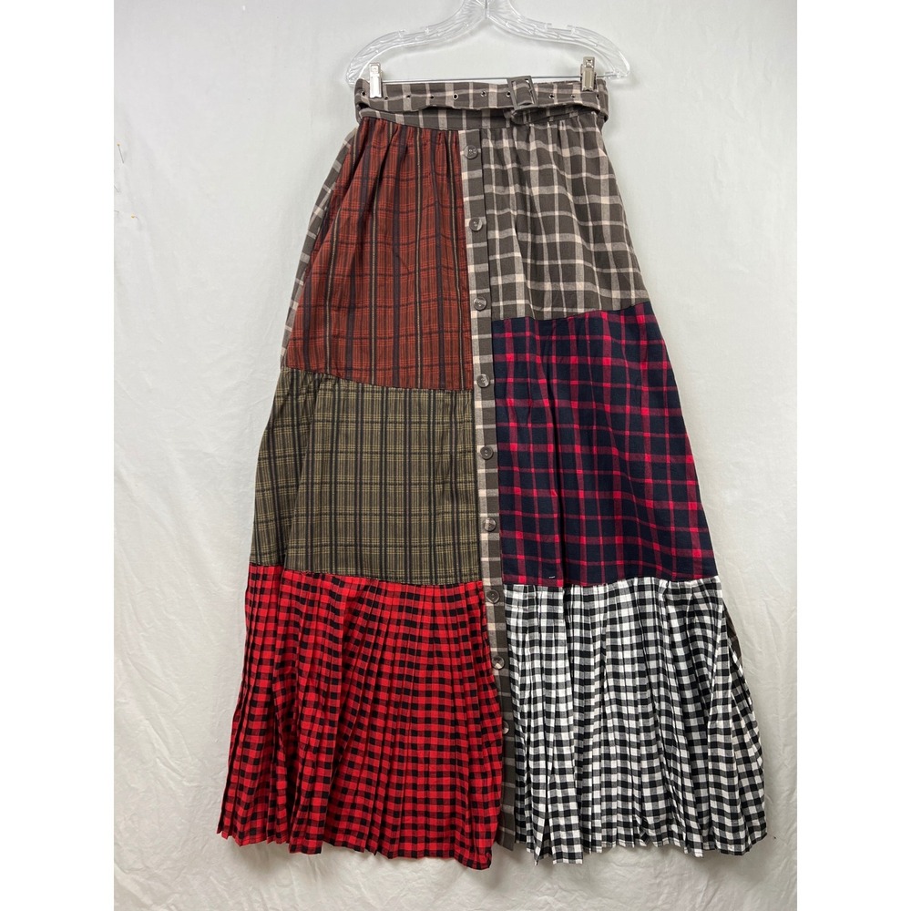 TOV Los Angeles Maxi Skirt Women 38 Sm Multicolor Plaid Patchwork Belted SK4109